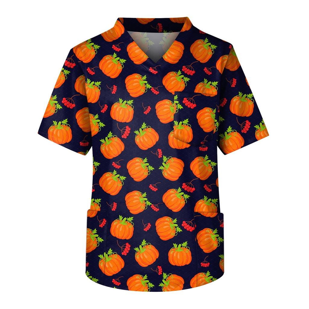 Plus rozmiar Halloween drukowane szorowanie jednolite topy robocze dla mężczyzn krzyżowy dekolt w serek z krótkim rękawem zabawne t-shirty odzież robocza Tee z kieszeniami