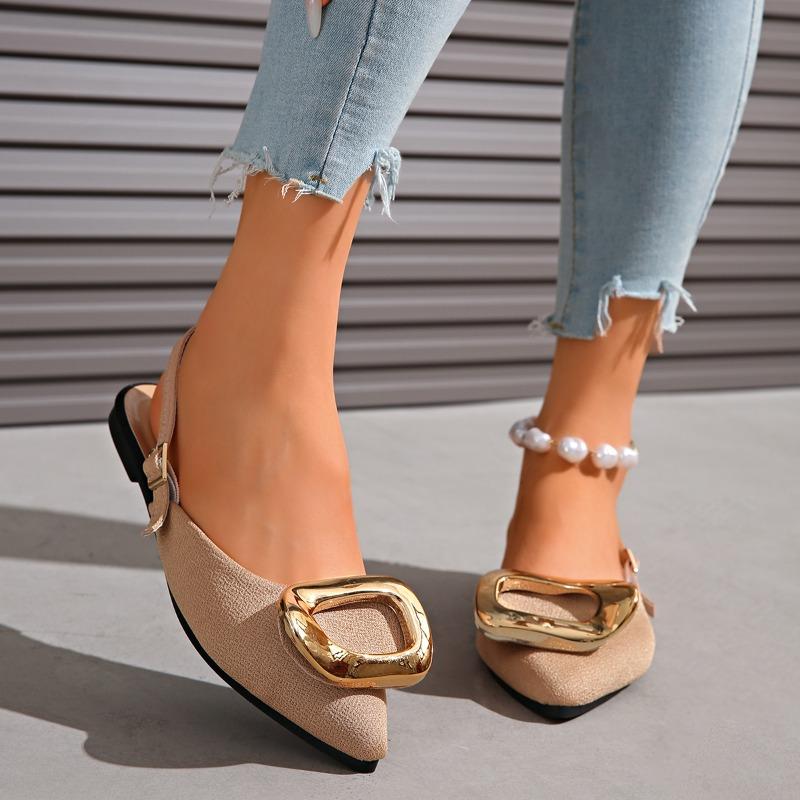 Metal Buckle Wrapped Toe Sandals Summer Pointed Toe Shallow Mouth One Strap Soft Sole Non-Slip Low Heel Shoes