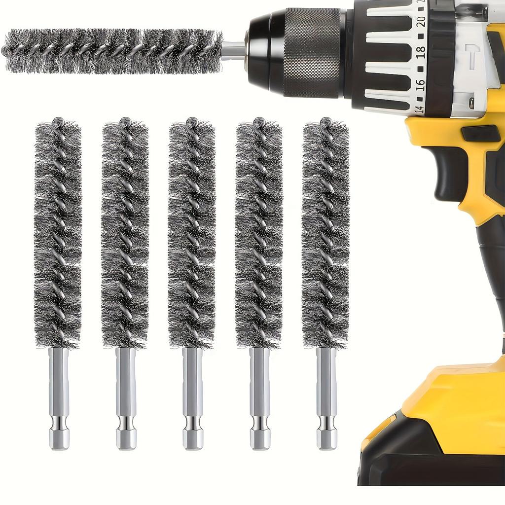 5pc 15mm Stainless Steel Deburring Brush Hex Shaft Pipe Cleaning Wire Brush Set for Metal Surface Cleaning and Rust Removal