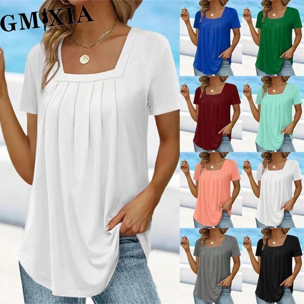 GMXIA Women's Fashion Casual Leisure Solid Color Print Short Sleeve Blouses & Shirts