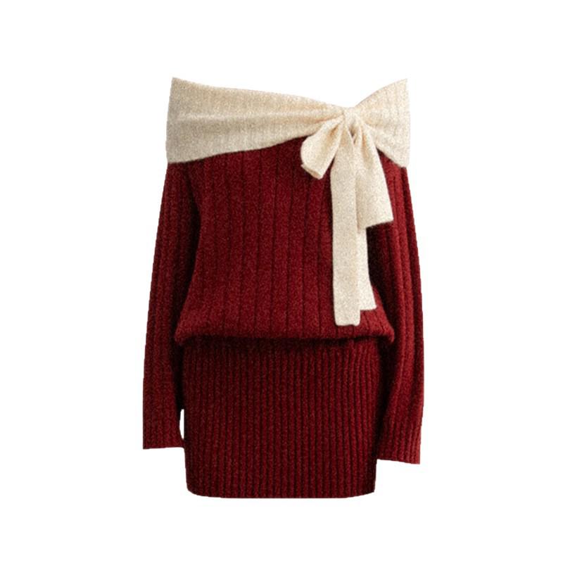 Women's Red Off-Shoulder Long Sleeve Knit Dress - Christmas Bow Detail, Hip-Hugging Short Skirt for Autumn/Winter