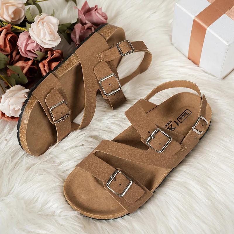 Fashion Metal Buckle Mule Sandals Women Summer 2025 Comfortable Flat Heels Cork Sandals Woman Plus Size 42 Non Slip Casual Beach Shoes