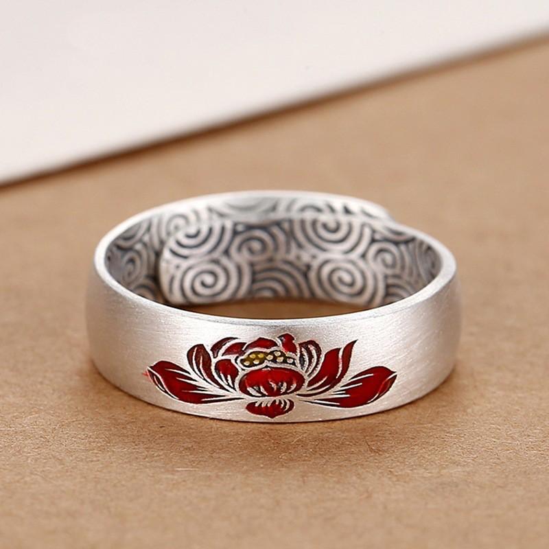 Adjustable Open Ring Men Women Floral Lotus Design Vintage Style Plated Statement Finger