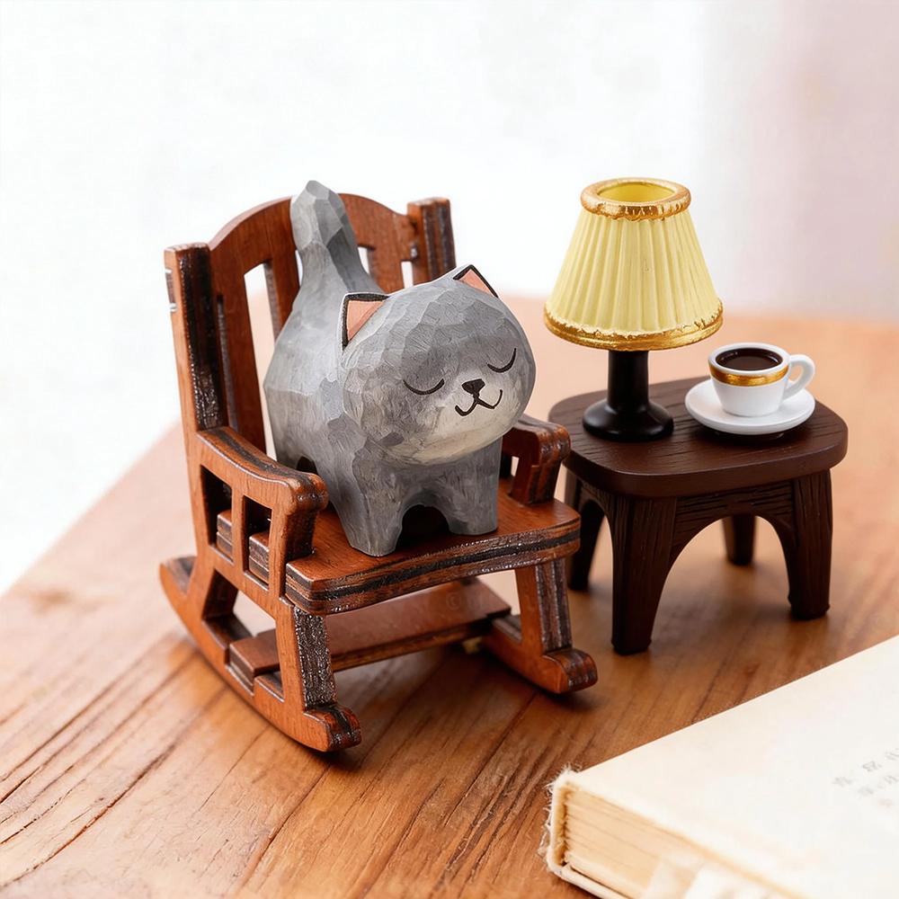 Cute Cat Animals Figurine Decorative Wooden Ornament Miniature Kitten Coffee Home Bedroom Office Desk Decoration Gift Statue