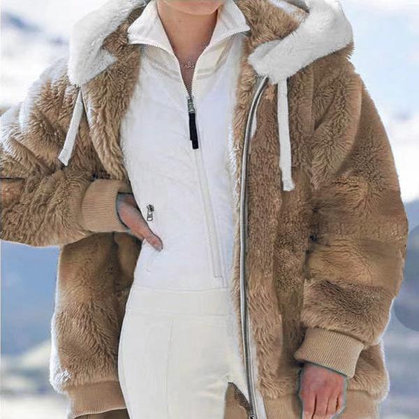 Trend Damenmode Jacke Kapuze Winter Warm Plüsch Locker Jacke für Damen Patchwork Winter Oberbekleidung Kunstfell Reißverschluss Damen Parka Mantel Übergröße