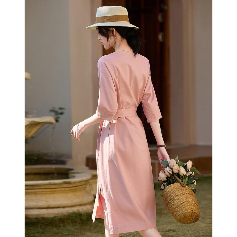 DeMana French Style Linen Blend Tie-Waist Midi Dress