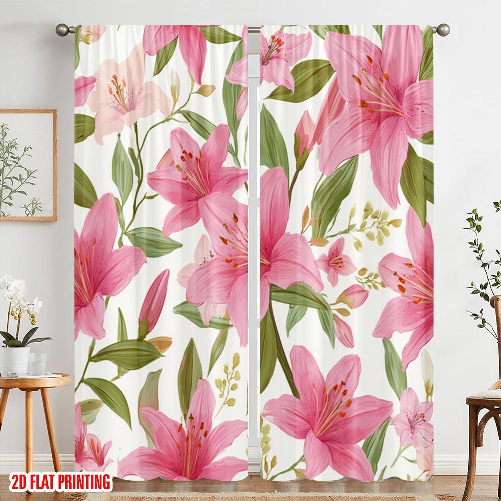 2 Stück, 2D-Flachdruck Beliebte Vorhangpaneele Rosa Lilienblüten Vielseitiger Stoff (ohne Stange) Geschenke für Schlafzimmer, Wohnzimmer,