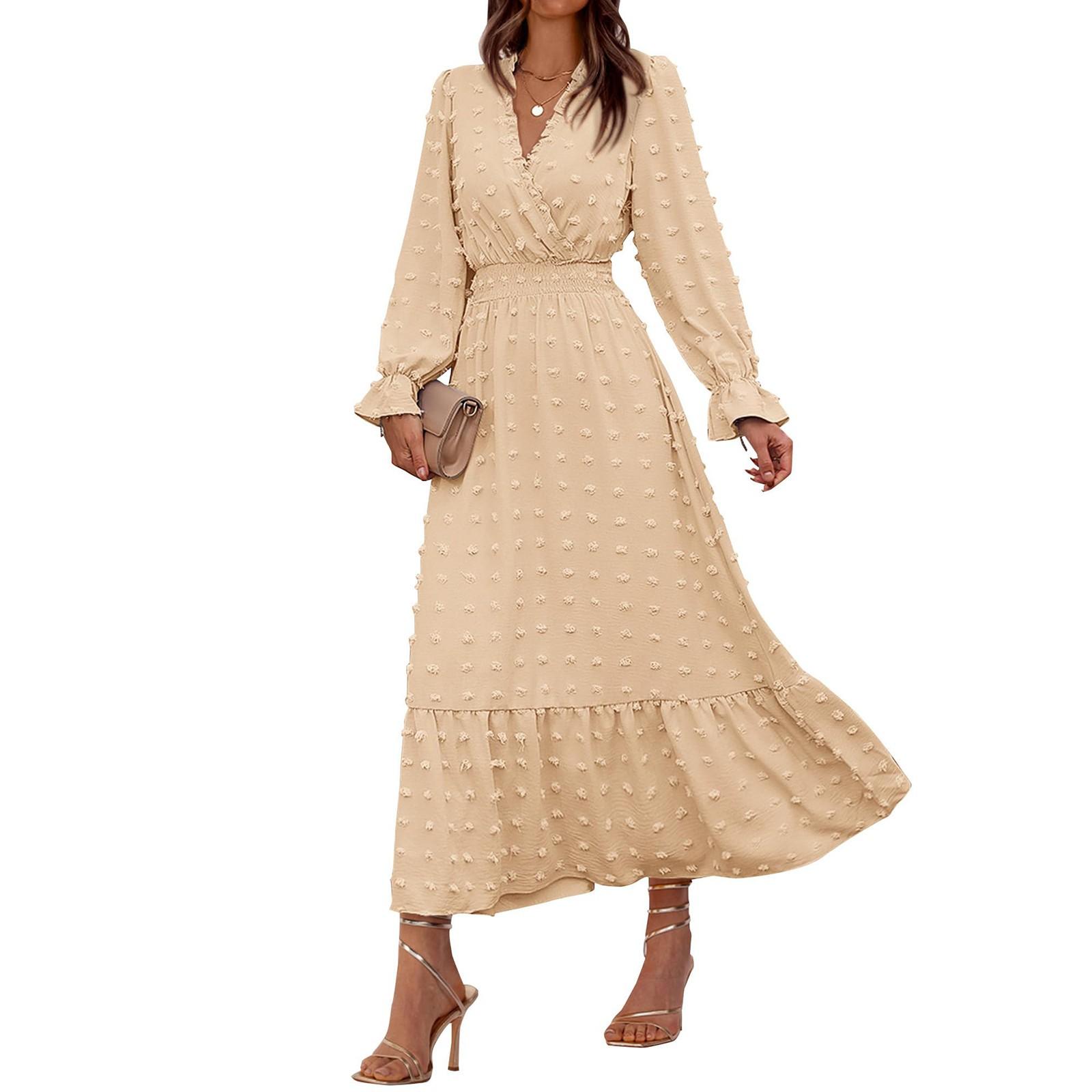 

Женские летние модные платья свободного кроя с V-образным вырезом и длинным рукавом однотонные XL бежевый