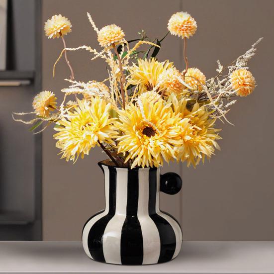 Painted Ceramic Vase Desktop Stripe Art Vase Decorative Flower Vase for Flower Arrangement Living Room Bedroom Decor