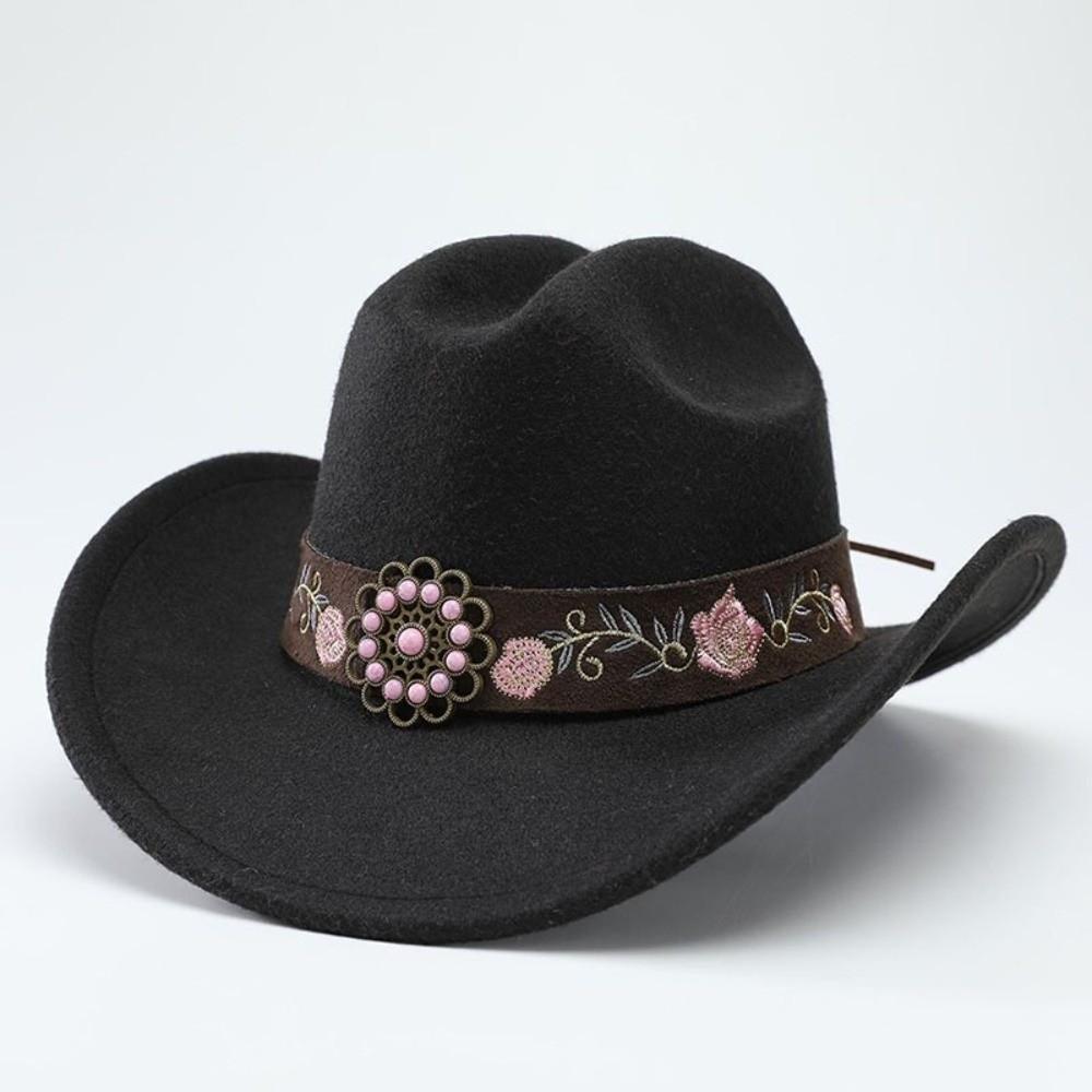 Soft Felt Western Cowboy Hat Floral Embroidery Sun Hat Vintage Fedora Hat  Celebration