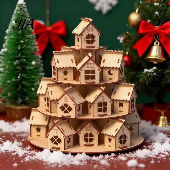 Weihnachtsparty Dekoration Holz Adventskalender, 24 Haus Countdown Display Ständer mit Baum Kalender Form, Festlicher Feiertag Tischplatte Regal