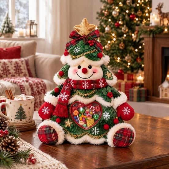 Cute Christmas Table Centerpiece Refillable Snowman Treat Holder, Plush Sitting Figure Candy Jar with Clear Heart Soft Decoration Window, 3D