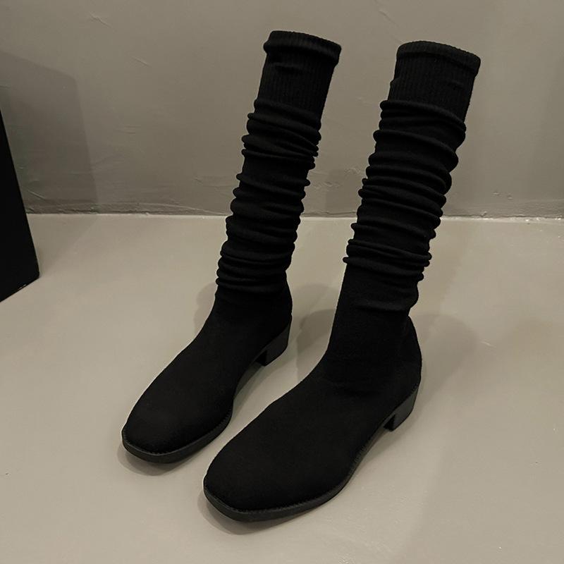 Skinny Over-knee Elastic Boots Women's Round Head Thick Heel 2024 Autumn New Elastic Boots Knitted Socks Boots with Socks Boots