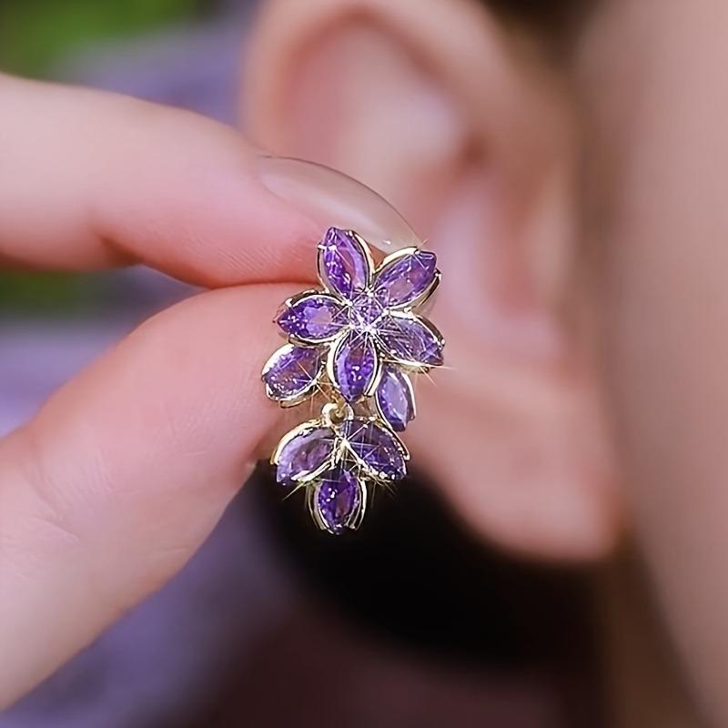 Elegant Classic Style Flower Shape Inlaid Shiny Purple Rhinestone Earrings  Delicate Accessory for Daily Wear