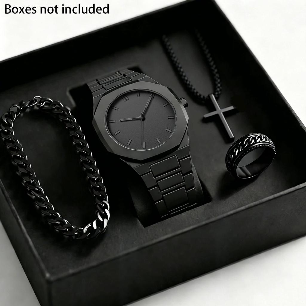 Temu Fashion Quartz Watch Set Trendy Black Watch Bracelet Ring Necklace Set Gift Box