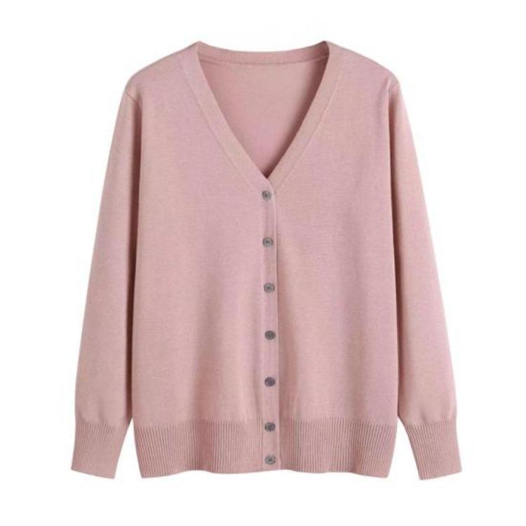 Women Long Sleeve V Neck Knitted Cardigan Solid Color Ribbed Trim Warm Sweater Coat Single Breasted