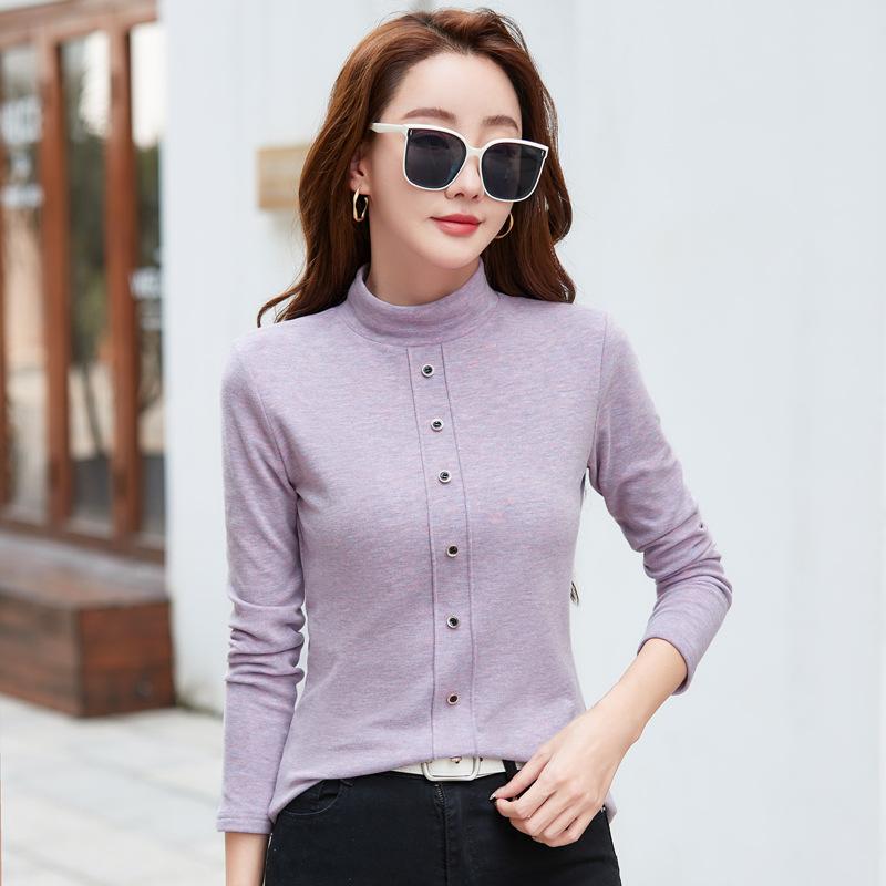 

Женская нижняя рубашка с полуводолазкой, осенне-зимняя облегающая теплая футболка с длинными рукавами в корейском стиле на пуговицах для женщин XXL