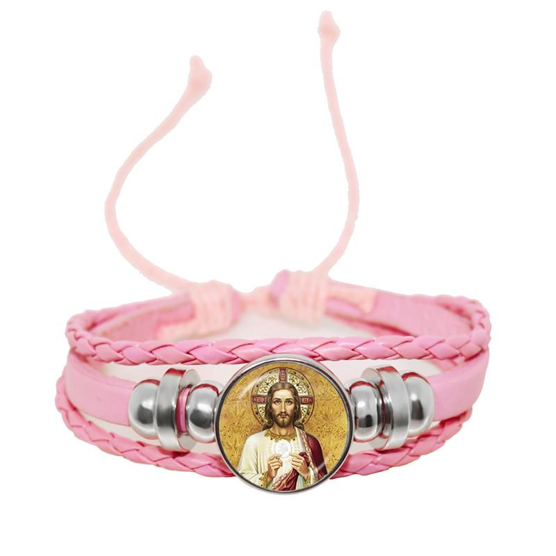 Virgin Mary Baby Jesus Christian Catholicism Jewelry Black Button Leather Bracelet Blessed Mother Religious Glass Cabochon Gift