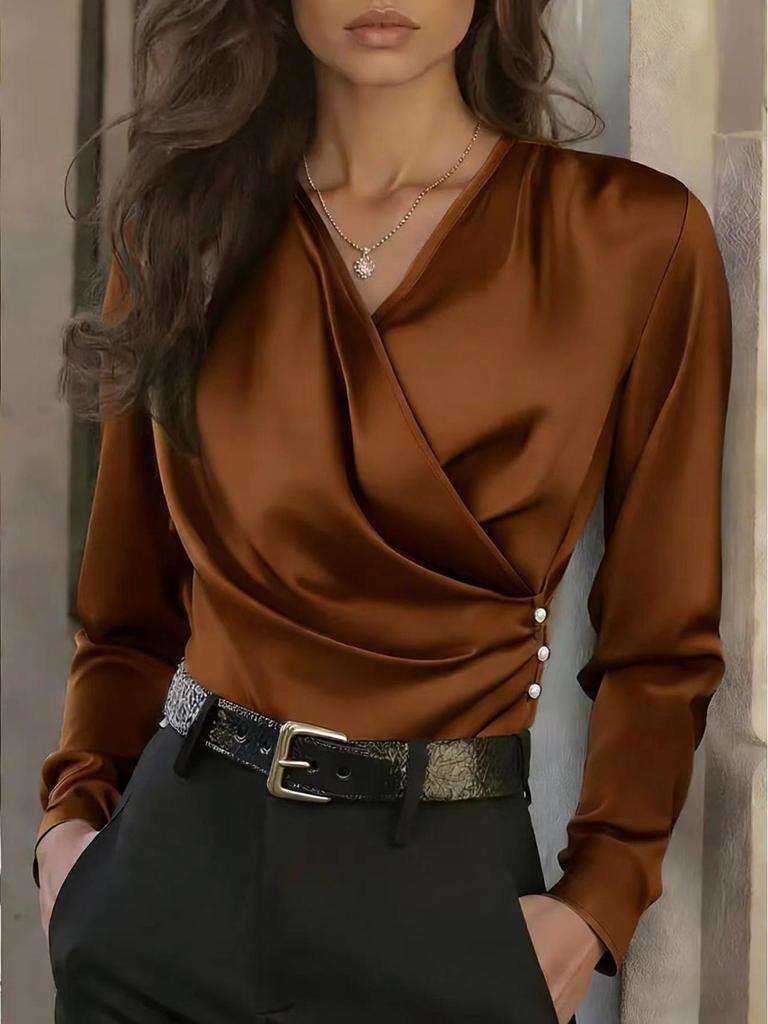 2025 European Autumn Women's Satin V-Neck Slim-Fit Top - Versatile & Stylish