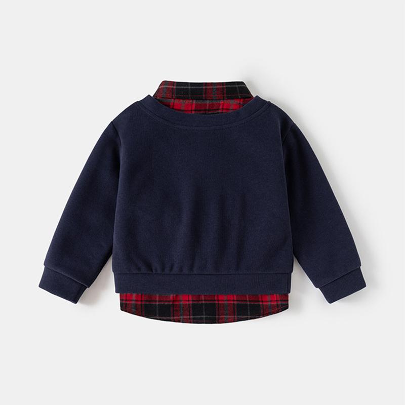 Spring Children Clothes Hoodie Boys Preppy Style Fake Two-Piece Sweatshirt Plaid Collar Long Sleeve Embroidered Boys Top
