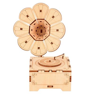 FEOOE Dětská hudební hračka Dřevěné DIY puzzle Dřevěný trojrozměrný sestavený fonograf Hudební skříňka na klíček CJ
