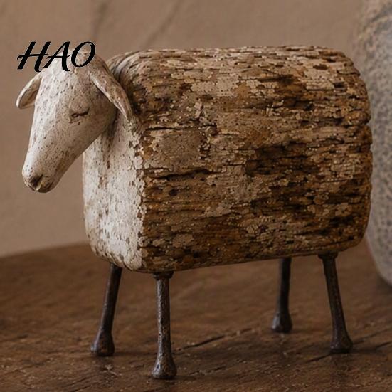Distressed Wood Animal Sculpture Vintage Longhorn Bull/Sheep Sculpture, Rustic Farmhouse Figurine, Western Style Unique for Mantelpiece Decorative