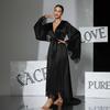 Black & White Satin Morning Robe with Flared Sleeves, Lace Accents, Long Style, Tie Belt, and Train Hem