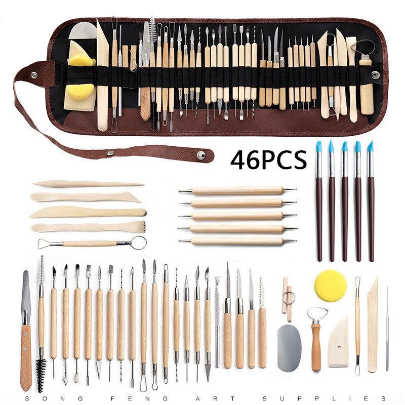 

46-Piece Cross-Border Pottery Tool Set: Clay Sculpting Knives, Carving Silicone Pens, Detail Needles with Waist and Storage Bags.