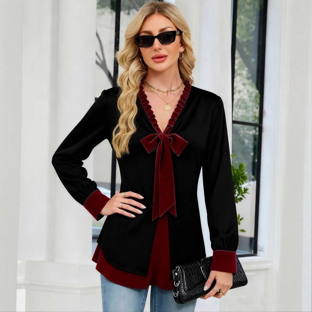 

Женская мода больших размеров Пэчворк Винтажный топ Стройнящий Весна Осень Новое поступление Удобный Повседневный Элегантный стиль V-образный вырез Рубашки с длинным рукавом 5XL красный