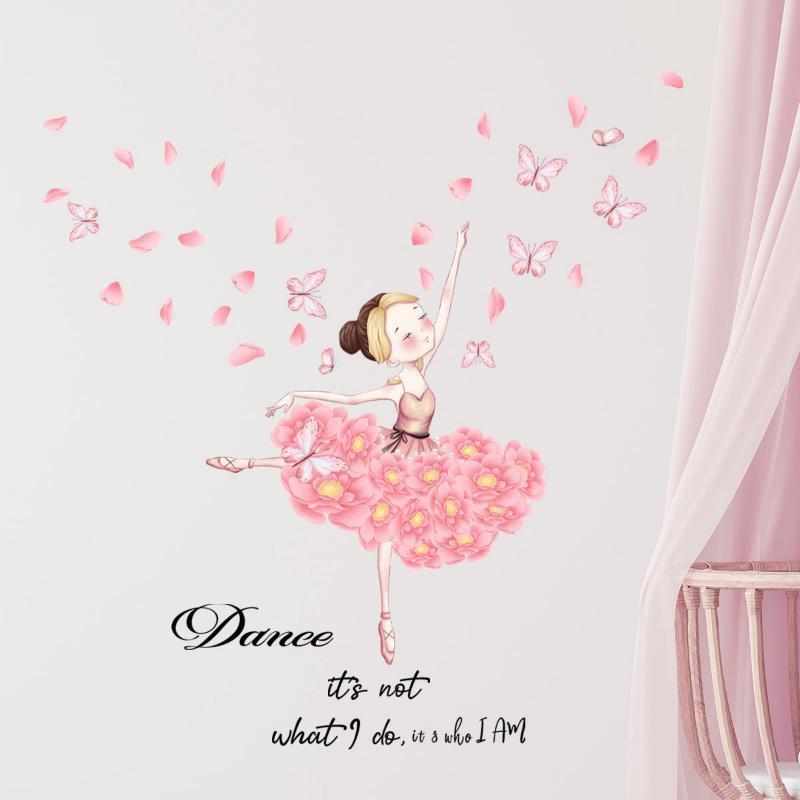 Dancing Girl Pink Butterfly Wall Sticker Living Room Decoration Wall Sticker Self Adhesive Wall Sticker