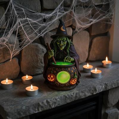 Whimsical Table Decor Halloween Witch Cauldron Lamp, Resin Statue Ornament, Spooky Decorative Living Room Shelf Accents Light for Desktop Decoration,