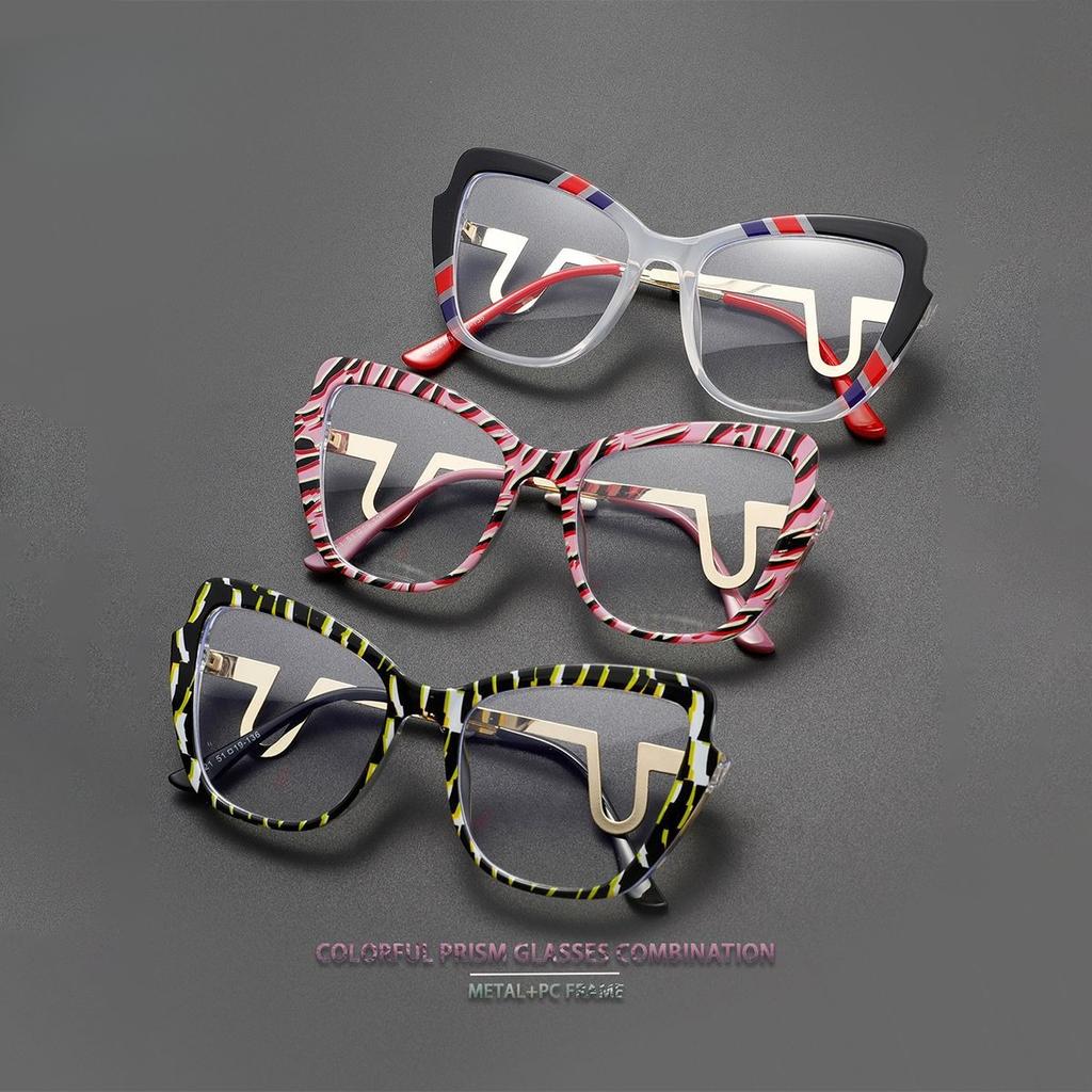 New Striped Color Blocking Anti Blue Light Glasses Butterfly Glasses Metal Frame Curved and Fashionable Eyes and Legs