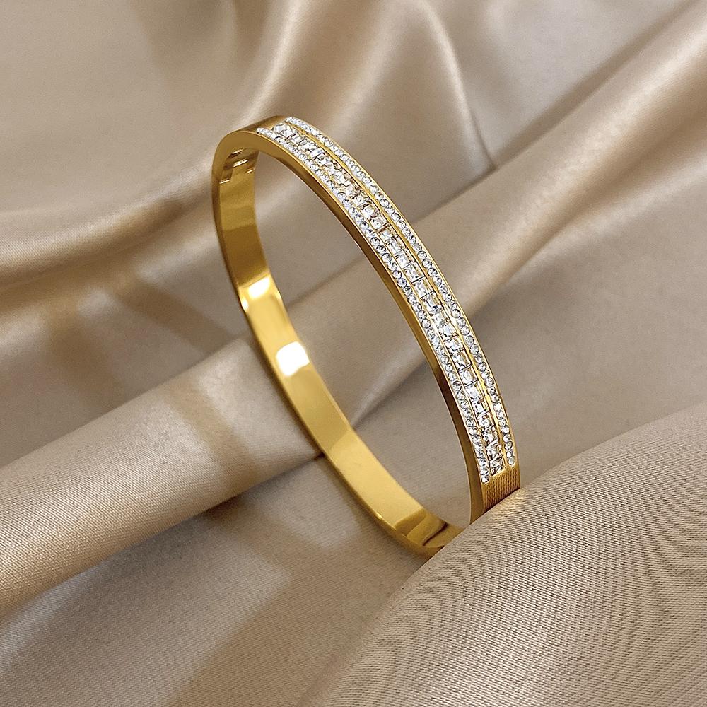 New Stainless Steel Waterproof Cuff Bracelet Bangle for Women Exquisite Shiny Inlaid Zircon Geometric Stacked Jewelry Gifts