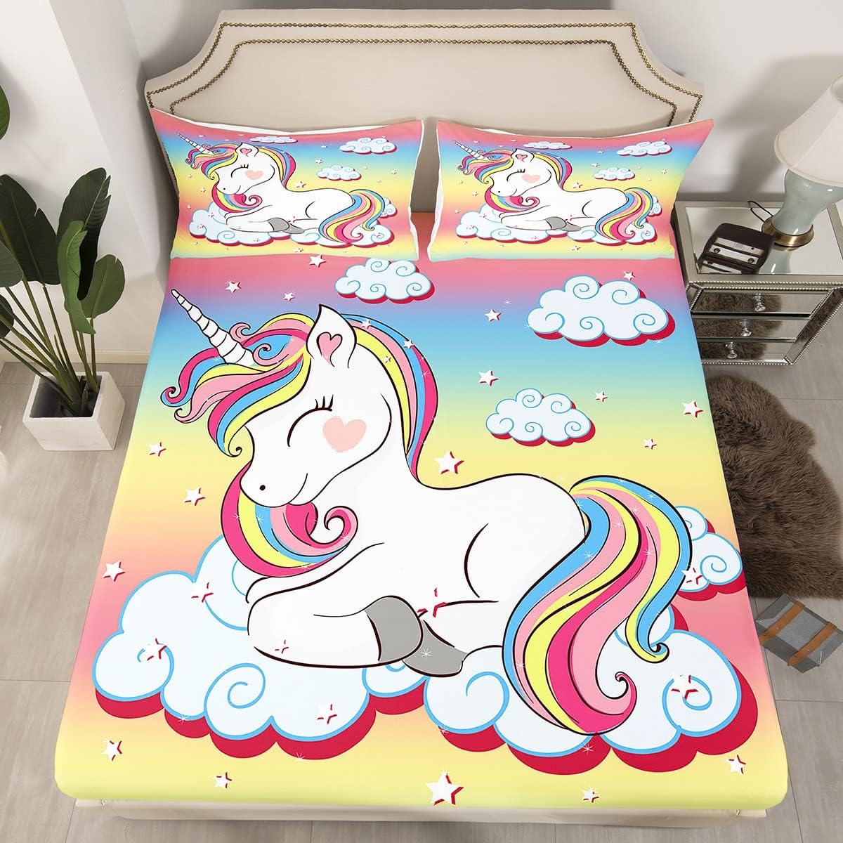 Unicorn Fitted Sheet, Kids Girls Fitted Sheet for Women Color Rainbow Horse Box Spring Bed Sheets Soft Microfiber Fitted Sheet 135x200cm