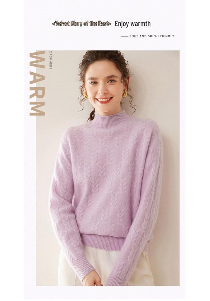 2024 Autumn/Winter Cashmere Sweater: Ladies' Half-High Neck, Wheat Ear Jacquard, Korean-Style Loose Slimming Knitwear