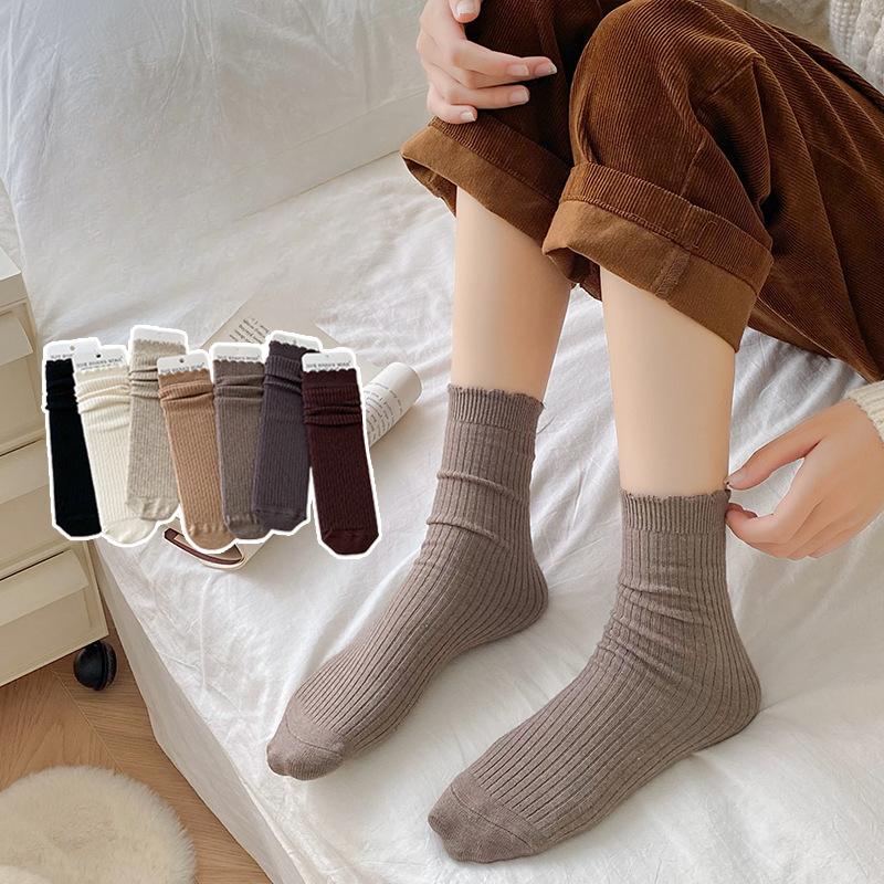 Female Autumn and Winter Warm Lace Straight Board Solid Color Thin Tube Stack Socks