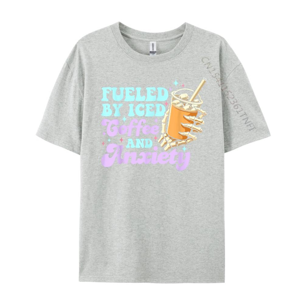 Fueled By Iced Coffee And Anxiety Coffee Lover Mens Designer T Shirt Male High Quality T Shirt for Men Printed
