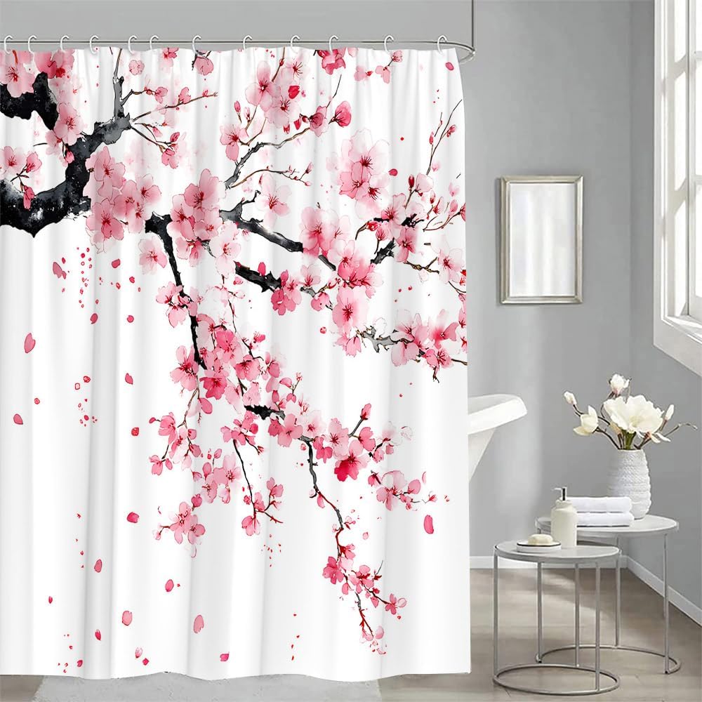 Rosa Kirschblüte Duschvorhang Pflaumenblüten Floral Japanisch Asiatisch Anime Weiß Aquarell Badezimmer Dekor Vorhänge