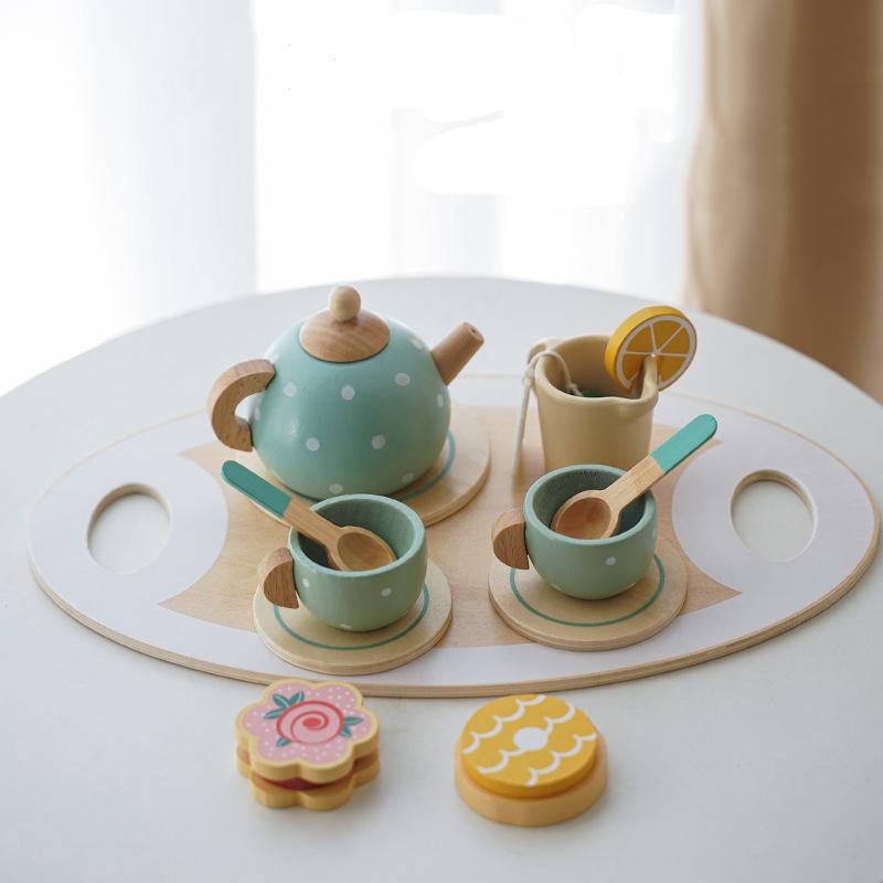 Tea Party Tableware Wooden Handiccraft Toy Kitchen Pretend Play Set for Toddlers Kids Birthday Gift Favors Kitchen Toys Gift