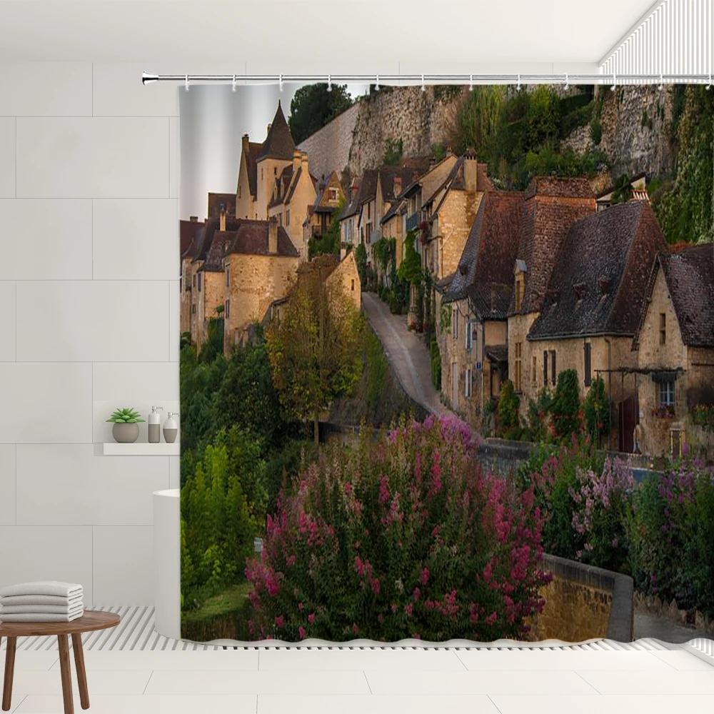 Farm Scenery Shower Curtain Vintage Farmhouse Straw Stack Waterproof Polyester Fabric Bathroom Screen Decoration With Hooks