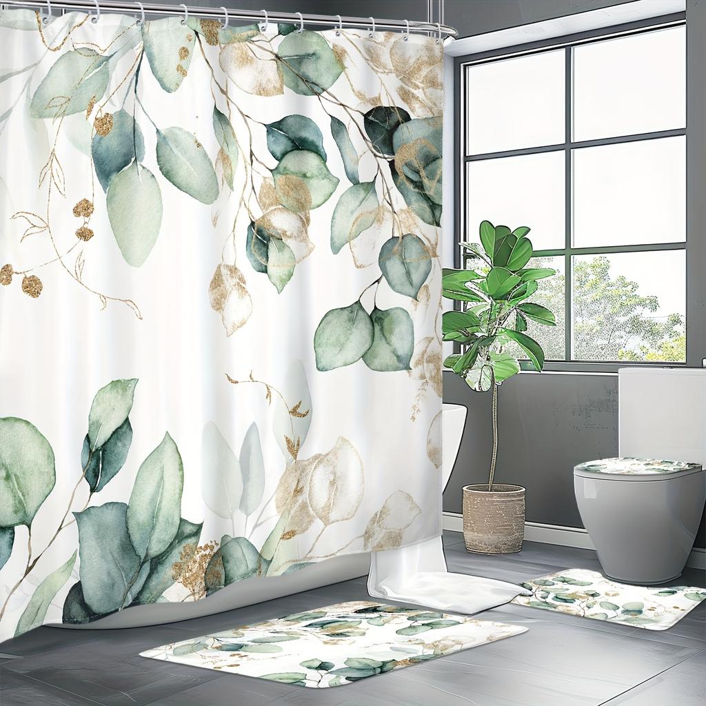 4Pcs Shower Curtain Set with Non-Slip Bath Mat, Toilet Lid Cover, Contour Rug & 12 Hooks, Bathroom Decor