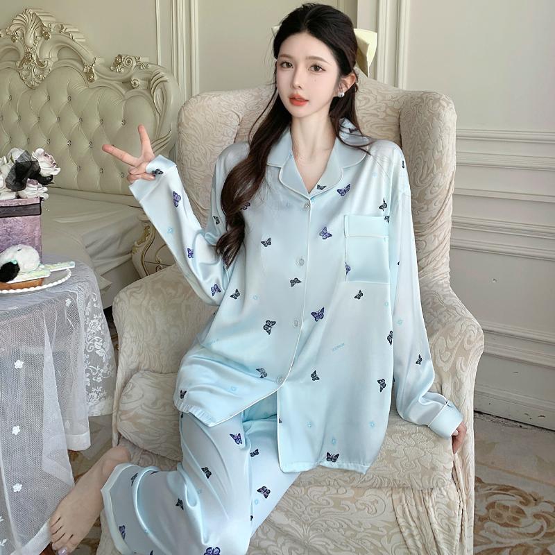 French Literary Aesthetics Design Women's Pajamas Chic Color Butterfly Blue Homewear Spring Simulated Silk Pajamas