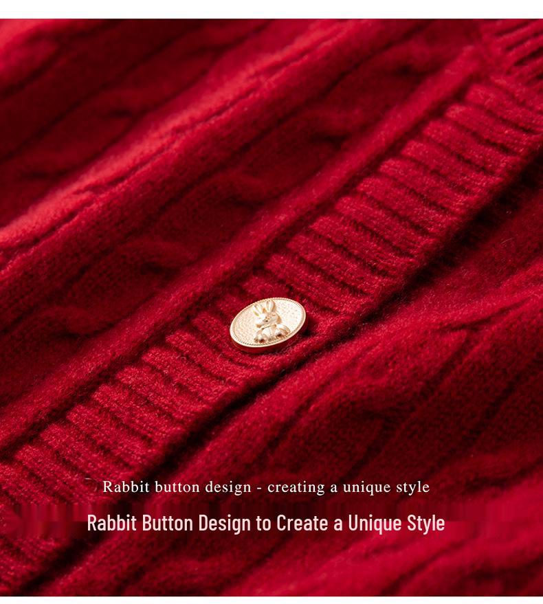 Women's 100% Pure Cashmere Cable Knit Rabbit Button Cardigan, Autumn/Winter 2025 Collection, Round Neck, Loose Fit Sweater Coat.