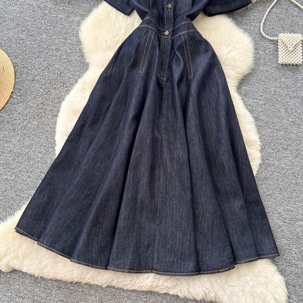 Retro denim lapel short-sleeved A-word dress women's early spring waist and thin temperament commuter skirt