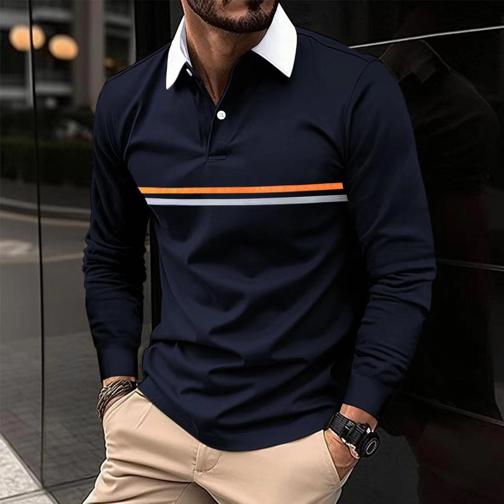 Autumn men's casual solid color POLO shirt with lapel button and men's long sleeved striped POLO shirt