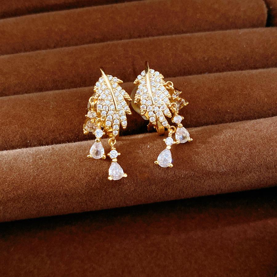 18K Gold Plated Zircon Leaf Tassel Ear Cuff Earrings
