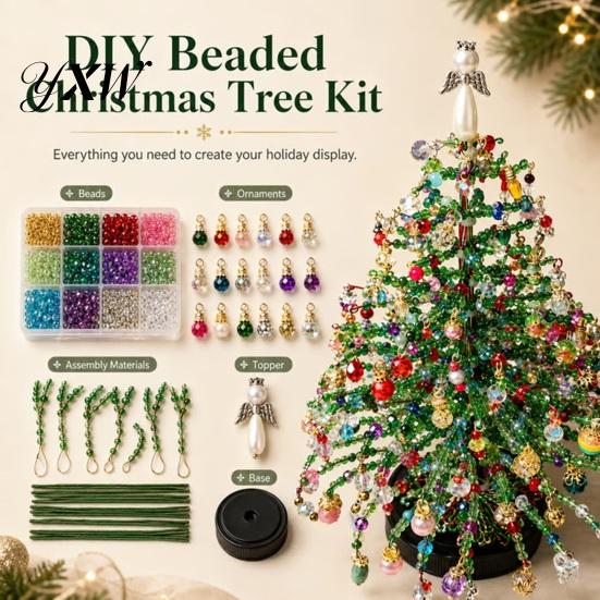 Plastic Beads for Crafts DIY Beaded Christmas Tree Kit, Handmade with LED Lights, Festive Gift Ideas Holiday Craft Project, Bead Crafting Kit Adults,