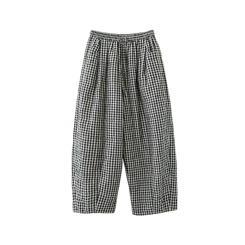 

21-Count Retro Plaid Cotton Pants - Artistic Quilted Design, Elastic Waist, Loose Fit Large