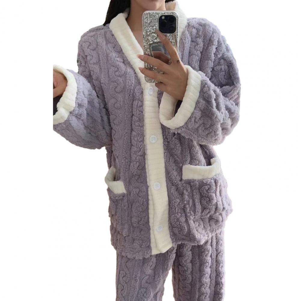 Warm Home Suit Cozy Winter Loungewear Set for Women Thermal Pajamas with V-neck Long Sleeve Tops Wide Leg Pants