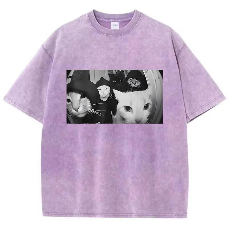 Trendy T Shirt Vintage Washed Cotton T-Shirt Streetwear Smoking Cat Graphic Tee Casual Streetwear Spring Summer
